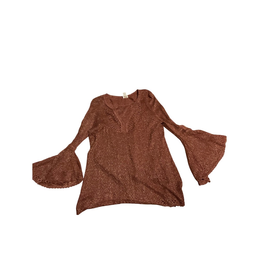 Chico's Metallic Bronze Knit Bell Sleeve V Neck Top Shirt Size 1